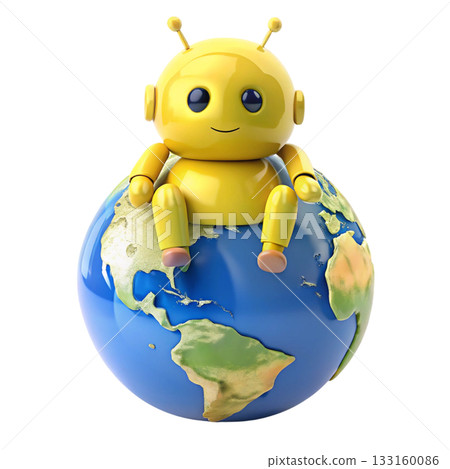 Cute Yellow Robot on a Giant Globe 133160086