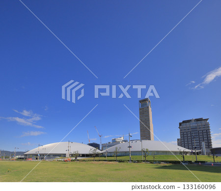 View of Anabuki Arena Kagawa and Takamatsu Symbol Tower from the seafront promenade side of Sunport Takamatsu 133160096