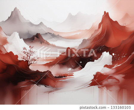 高品質現代日式背景，帶有紅色和墨暈效果 133160103