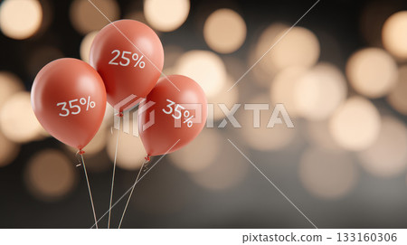 Colorful balloons with discount percentages floating against a blurred background, creating a festive atmosphere for promotional events and celebrations 133160306