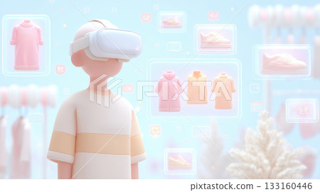 Virtual reality user exploring digital shopping experience with colorful clothing items displayed, embodying modern retail trends during Black Friday 133160446