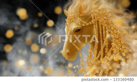 Golden horse adorned with shimmering beads and intricate details, symbolizing prosperity and celebration during the Chinese New Year festivities 133160480