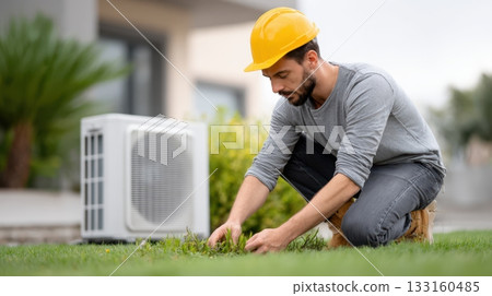 Male technician in yellow hard hat kneeling on grass, inspecting lawn near air conditioning unit, showcasing outdoor maintenance and repair skills Male technician in yellow hard hat kneeling on grass, inspecting lawn near air conditioning unit, showcasing outdoor maintenance and repair skills 133160485