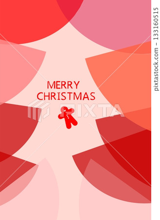 A modern and artistic abstract design of a Christmas tree composed of overlapping geometric shapes and circles in various shades of red and pink, set on a light pink background. Features clear "MERRY A modern and artistic abstract design of a Christmas tree composed of overlapping geometric shapes and circles in various shades of red and pink, set on a light pink background. Features clear "MERRY 133160515