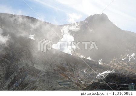 Owakudani with volcanic smoke Owakudani with volcanic smoke 133160991