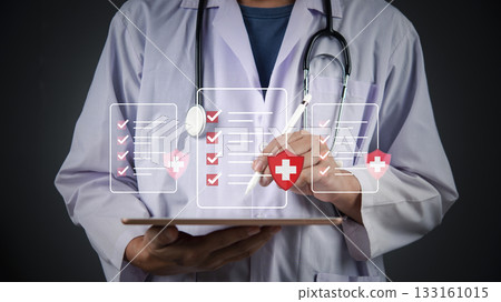 Doctor holding tablet with virtual health insurance policy, medical shield. Online healthcare, digital health check, secure patient data. Modern medical technology, health protection. 133161015