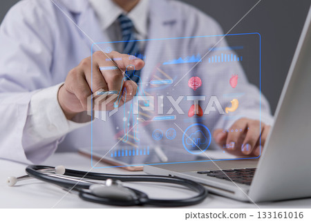 Doctor interacting with virtual human body, digital health data. Medical technology, online diagnosis, futuristic healthcare. AI in medicine, innovation, health analysis. Doctor interacting with virtual human body, digital health data. Medical technology, online diagnosis, futuristic healthcare. AI in medicine, innovation, health analysis. 133161016