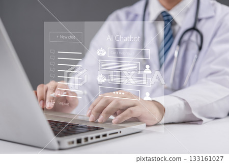 doctor using a laptop and an AI Chatbot for medical purposes. AI technology in healthcare, online medical consultation, and telemedicine. Medical technology and smart solution. doctor using a laptop and an AI Chatbot for medical purposes. AI technology in healthcare, online medical consultation, and telemedicine. Medical technology and smart solution. 133161027