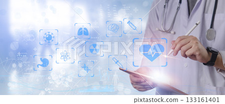 Hands of doctor engaging with digital medical interface, emphasizing connectivity in healthcare, medical innovation, health technology, global medical collaboration, patient-centric care. 133161401
