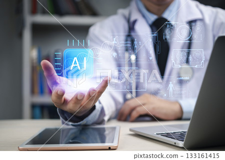 doctor holding an AI icon above their hand with digital health data and medical information displayed, showcasing the integration of artificial intelligence in healthcare. 133161415
