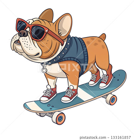 bulldog riding a skateboard wearing red cap sideways and sunglasses 133161857
