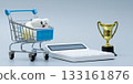 Smiling Tooth in Shopping Cart with Calculator and Trophy 133161876