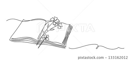 One Line Drawing of Open Book with Flowers. Romantic Minimalist Illustration One Line Drawing of Open Book with Flowers. Romantic Minimalist Illustration 133162012
