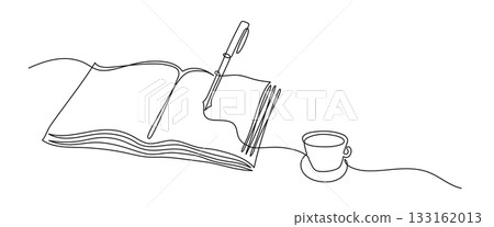 One Line Drawing of Open Book, Pen and Coffee Cup. Writing and Creativity Concept One Line Drawing of Open Book, Pen and Coffee Cup. Writing and Creativity Concept 133162013