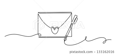 One Line Drawing of Love Letter Envelope with Pen. Romantic Minimal Art One Line Drawing of Love Letter Envelope with Pen. Romantic Minimal Art 133162016