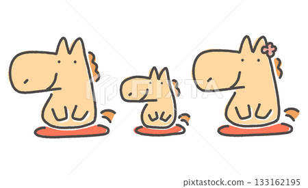 Three horses sitting on cushions and greeting each other New Year's material Three horses sitting on cushions and greeting each other New Year's material 133162195