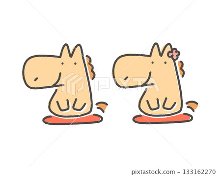 兩匹馬坐在墊子上互相問候新年禮物 兩匹馬坐在墊子上互相問候新年禮物 133162270