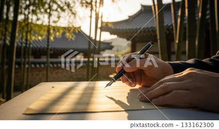 Asian person writing with fountain pen on paper during golden hour sunlight at traditional korean temple courtyard with bamboo fence 133162300