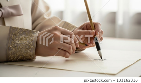 Professional woman in elegant embroidered sleeve writing with traditional wooden calligraphy brush on white paper at bright desk workspace 133162316