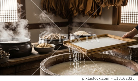 Traditional Asian tofu making process with wooden mold draining soy milk into large ceramic vat in authentic kitchen setting with steaming pots 133162323