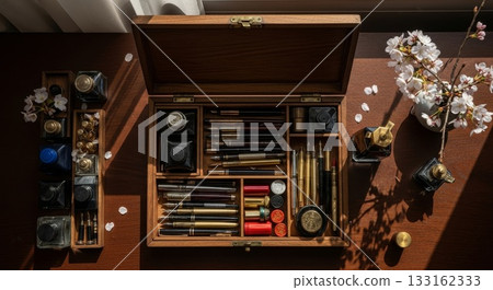 Vintage wooden calligraphy writing set with fountain pens ink wells wax seals and cherry blossom branches on rustic desk surface 133162333