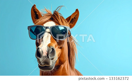 一匹戴著墨鏡、表情驚訝的馬。淺藍色背景。人工智慧生成圖像。 133162372