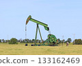 A green Oilwell Pump in a farm field outdoor with blue sky A green Oilwell Pump in a farm field outdoor with blue sky 133162469