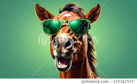 A horse wearing sunglasses and looking surprised. Green background. AI-generated image. 133162557