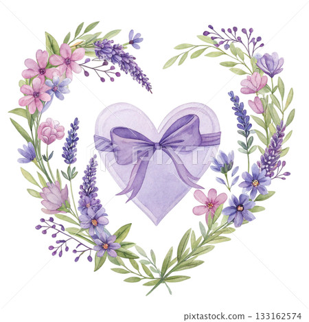 watercolor heart surrounded by pastel pink and white flowers 133162574