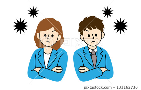 插圖描繪了一位身著西裝的男性和一位女性商務人士，他們神情憤怒，雙臂交叉抱在胸前。 133162736