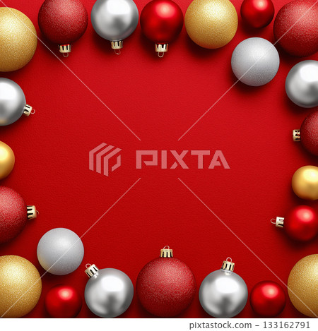 紅色背景上的銀色和金色球形聖誕背景素材 133162791