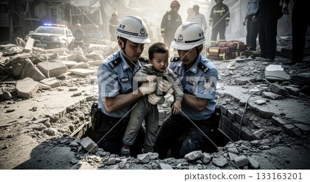 兩名中國警察從洞裡救出一名兒童。 133163201