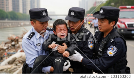 Three Chinese police officers protecting a crying child 133163203