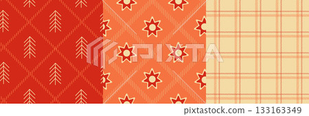 Christmas Seamless Patterns Set. Plaid, Tree and Star Holiday Backgrounds 133163349