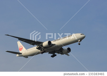 A passenger plane landing against the backdrop of a blue sky, a JAL plane on approach 133163481