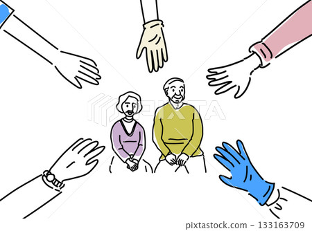 The hands of the elderly and those who support them 133163709