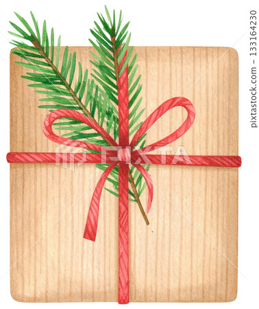 Gift box with natural decoration and festive red ribbon bow on wooden background Gift box with natural decoration and festive red ribbon bow on wooden background 133164230
