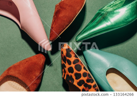 Vintage 1940s heels top view green background Vintage 1940s heels top view green background 133164266