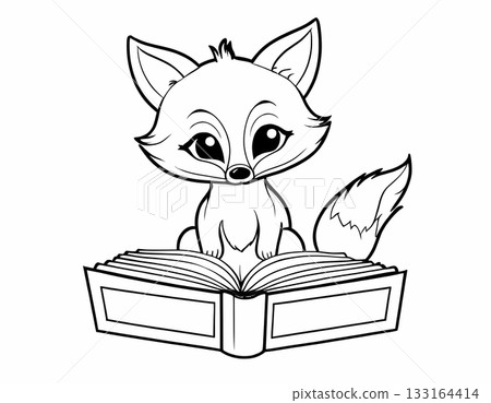 Cute fox reading a book coloring page, simple outline illustration. Preschool-friendly animal illustration for kids 133164414