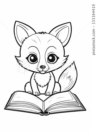 Cute fox reading a book coloring page, simple outline illustration. Preschool-friendly animal illustration for kids Cute fox reading a book coloring page, simple outline illustration. Preschool-friendly animal illustration for kids 133164419