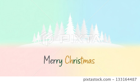 A snow-covered white forest silhouette and Merry Christ against a background of gentle pastel gradations. 133164487