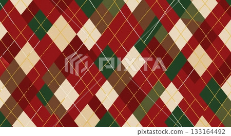 Traditional diamond-shaped argyle check pattern background material in red and green Christmas colors 133164492