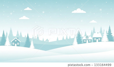 A quiet winter snow scene illustration background of forests and houses drawn in pale blue color A quiet winter snow scene illustration background of forests and houses drawn in pale blue color 133164499