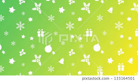 一幅明亮的冬季設計背景插圖，以綠色到黃色的漸變色為主，並散落著白色的聖誕圖標。 133164501