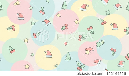 Christmas motifs such as Santa hats, holly, and Christmas trees are scattered against a pastel-colored polka dot background. Christmas motifs such as Santa hats, holly, and Christmas trees are scattered against a pastel-colored polka dot background. 133164526