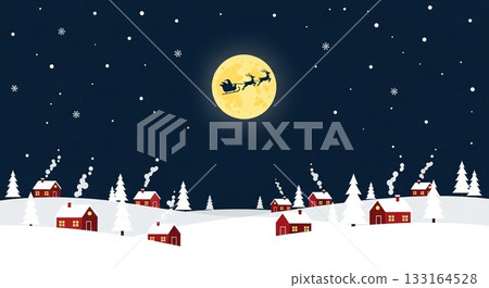 Christmas night view of Santa Claus flying in a reindeer sleigh over a snow-covered town with red roofs under a full moon sky Christmas night view of Santa Claus flying in a reindeer sleigh over a snow-covered town with red roofs under a full moon sky 133164528