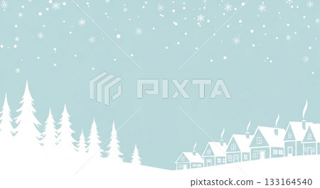 柔和的冬季城市景觀插畫，白色房屋和森林點綴在淺藍色背景上。 133164540