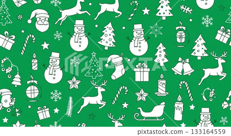 冬季圖案背景素材，深綠色紋理背景上點綴著各種形狀的白色雪花。 133164559