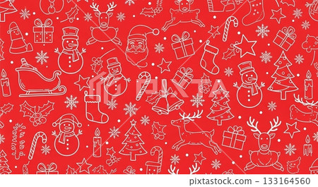 A pop pattern design featuring white Christmas motifs on a red background 133164560