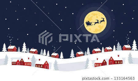 一幅描繪冬日聖誕節景象的插畫，聖誕老人的雪橇在滿月的夜空中飛馳。 133164563